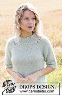 Fresh Mint Tea / DROPS 249-13 - Knitted jumper in DROPS Alpaca and DROPS Kid-Silk or DROPS Baby Merino and DROPS Kid-Silk. The piece is worked top down with double neck, raglan, lace pattern and short sleeves. Sizes S - XXXL.