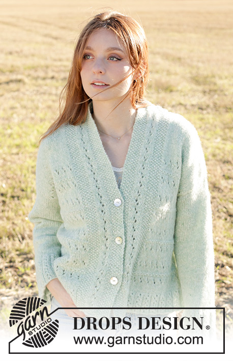 Mint to Be Cardigan / DROPS 249-17 - Knitted jacket in DROPS Air. The piece is worked bottom up with lace pattern, moss stitch, diagonal shoulders, shawl-collar and sewn-in sleeves. Sizes S - XXXL.