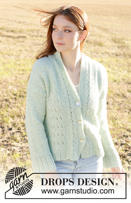 Mint to Be Cardigan / DROPS 249-17 - Knitted jacket in DROPS Air. The piece is worked bottom up with lace pattern, moss stitch, diagonal shoulders, shawl-collar and sewn-in sleeves. Sizes S - XXXL.