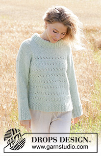 Mint to Be Sweater / DROPS 249-18 - Pulôver tricotado de baixo para cima, em DROPS Air. Tricota-se com ponto rendado, ombros enviesados, gola dobrada e mangas montadas. Do S ao XXXL.