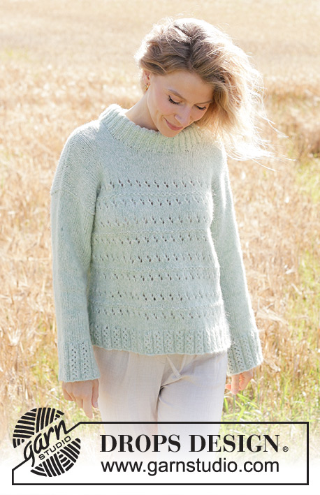 Mint to Be Sweater / DROPS 249-18 - Knitted jumper in DROPS Air. The piece is worked bottom up with lace pattern, diagonal shoulders, double neck and sewn-in sleeves. Sizes S - XXXL.