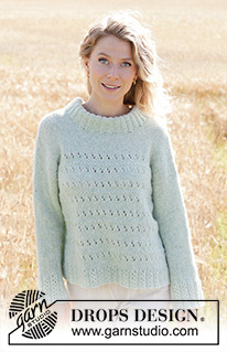 Mint to Be Sweater / DROPS 249-18 - Sweter na drutach, przerabiany od dołu do góry, z włóczki DROPS Air. Ze ściegiem ażurowym, skosami ramion, podwójnym wykończeniem dekoltu i wszywanymi rękawami. Od S do XXXL.