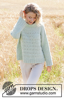 Mint to Be Sweater / DROPS 249-18 - Stickad tröja i DROPS Air. Arbetet stickas nerifrån och upp med hålmönster, sned axel, dubbel halskant och isydda ärmar. Storlek S - XXXL.