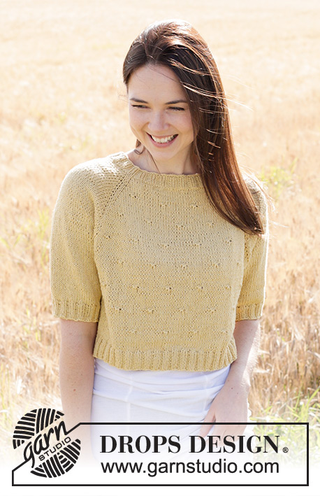 Dandelion Heart / DROPS 249-19 - Knitted short-sleeved sweater in DROPS Belle. The piece is worked top down with raglan and relief-pattern. Sizes S - XXXL.