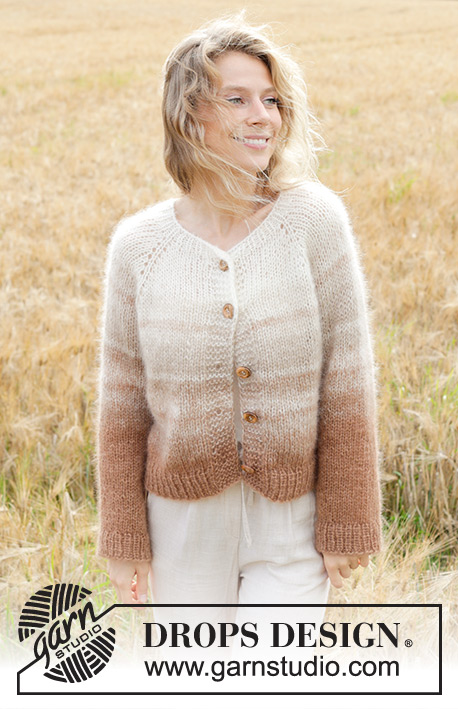 Falling Sand Cardigan / DROPS 249-2 - Knitted jacket in 4 strands DROPS Kid-Silk. The piece is worked top down with raglan, stripes and I-cord. Sizes S - XXXL.