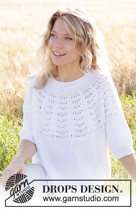 Peace Dove / DROPS 249-21 - Knitted sweater with ¾ sleeves in DROPS Belle or DROPS Cotton Light. Piece is knitted top down with round yoke and wave pattern on yoke. Size: S - XXXL