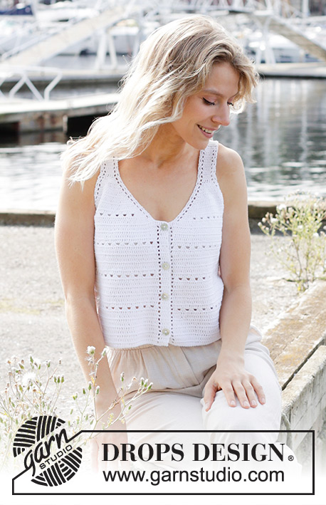 Moonstone Meadow / DROPS 249-26 - Crocheted top / singlet / vest in DROPS Safran. The piece is worked top down with treble crochets, lace pattern and V-neck. Sizes S - XXXL.