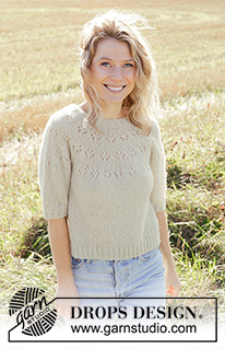 Spring Mist / DROPS 249-27 - Knitted jumper in DROPS Brushed Alpaca Silk. The piece is worked top down with round yoke, lace pattern and short sleeves. Sizes S - XXXL.