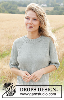 Spring Novel / DROPS 249-34 - Knitted top/T-shirt in DROPS Muskat or DROPS Merino Extra Fine. The piece is worked top down with stockinette stitch, raglan, short sleeves and split in sides. Sizes XS - XXL.