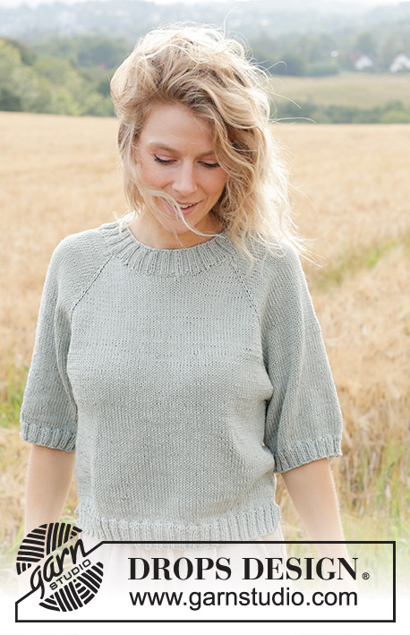 Spring Novel / DROPS 249-34 - Knitted top/T-shirt in DROPS Muskat or DROPS Merino Extra Fine. The piece is worked top down with stockinette stitch, raglan, short sleeves and split in sides. Sizes XS - XXL.