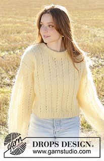 Sunshine Trail / DROPS 249-5 - Knitted sweater in 3 strands DROPS Kid-Silk. The piece is worked bottom up with lace pattern and double neck. Sizes XS - XXL.