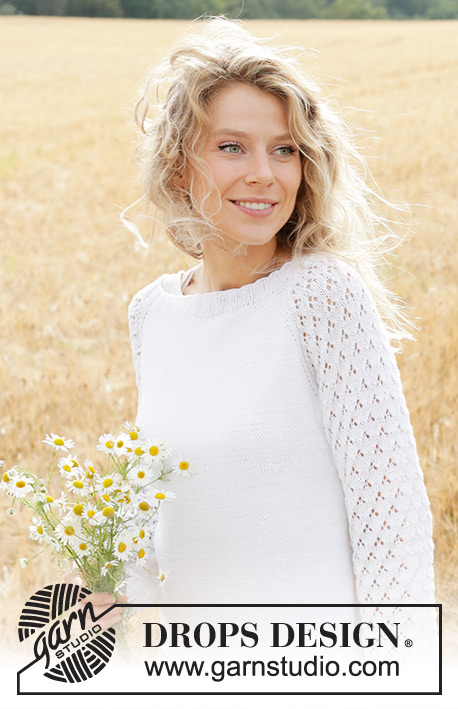 Daisy Fields / DROPS 249-7 - Knitted jumper in DROPS Safran or DROPS BabyMerino. The piece is worked top down with raglan and lace pattern on sleeves. Sizes S - XXXL.