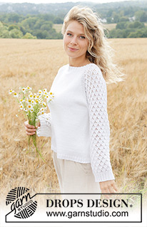 Daisy Fields / DROPS 249-7 - Knitted sweater in DROPS Safran or DROPS BabyMerino. The piece is worked top down with raglan and lace pattern on sleeves. Sizes S - XXXL.