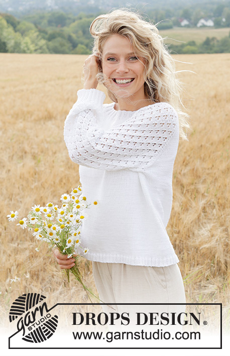 Daisy Fields / DROPS 249-7 - Knitted sweater in DROPS Safran or DROPS BabyMerino. The piece is worked top down with raglan and lace pattern on sleeves. Sizes S - XXXL.