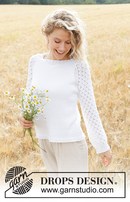 Daisy Fields / DROPS 249-7 - Knitted jumper in DROPS Safran or DROPS BabyMerino. The piece is worked top down with raglan and lace pattern on sleeves. Sizes S - XXXL.