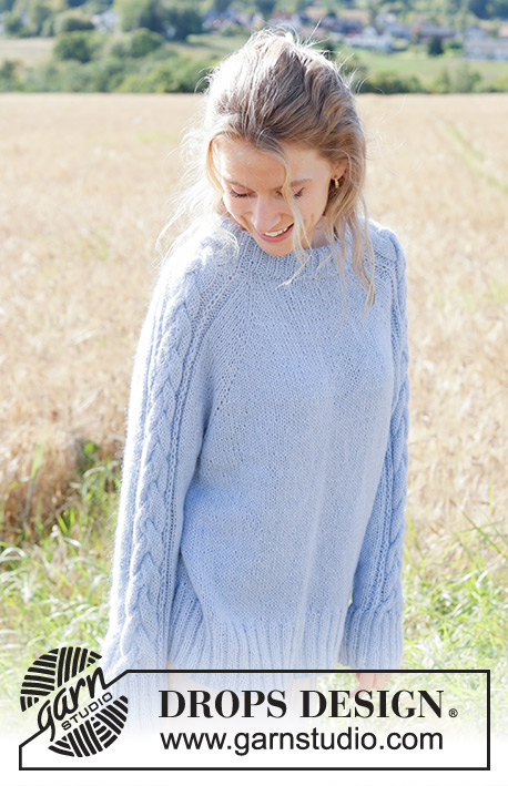 Aisling Sweater / DROPS 250-13 - Knitted sweater in DROPS Alpaca and DROPS Kid-Silk. The piece is worked top down with raglan, cables, Fisherman’s rib on sleeves and double neck. Sizes S - XXXL.