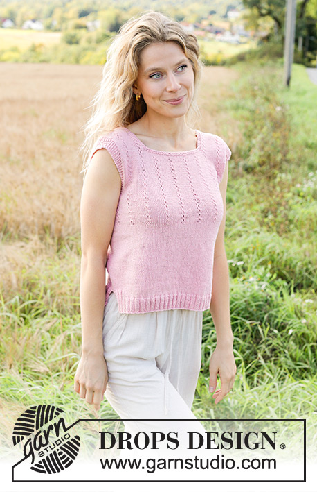 Rosewater Rain / DROPS 250-15 - Knitted top in DROPS Safran. Piece is knitted bottom up with lace cables. Size XS – XXXL.