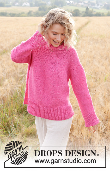 Bright Strawberry Sweater / DROPS 250-19 - Strikket bluse i DROPS Air. Arbejdet strikkes oppefra og ned med rundt bærestykke. Størrelse S - XXXL.