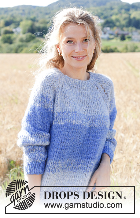 Blue Reflection / DROPS 250-25 - Knitted jumper in 2 strands DROPS Brushed Alpaca Silk. The piece is worked top down with raglan and stripes. Sizes S - XXXL.