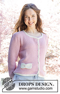 Jacqueline Cardigan / DROPS 250-29 - Knitted jacket in 2 strands DROPS Safran or 1 strand DROPS Paris. The piece is worked bottom up with moss stitch, sewn in puffed sleeves and pockets. Sizes S - XXXL.
