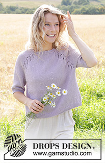 Orchid Tea / DROPS 250-3 - Knitted jumper in DROPS Muskat. The piece is worked top down with raglan, lace pattern and short sleeves. Sizes S - XXXL.