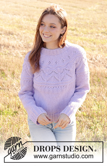 Lavender Harvest / DROPS 250-35 - Knitted jumper in DROPS Air. Piece is knitted top down with double neck edge, round yoke and lace pattern. Size: S - XXXL