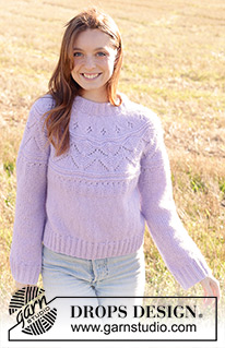 Lavender Harvest / DROPS 250-35 - Sweter na drutach, przerabiany od góry do dołu z włóczki DROPS Air. Z podwójnym wykończeniem dekoltu, zaokrąglonym karczkiem i ściegiem ażurowym. Od S do XXXL