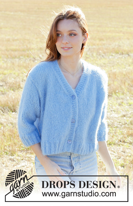 Painted Sky Cardigan / DROPS 250-38 - Knitted jacket in DROPS Melody. The piece is worked bottom up with stockinette stitch, V-neck, ¾-length sleeves and I-cord. Sizes S - XXXL.
