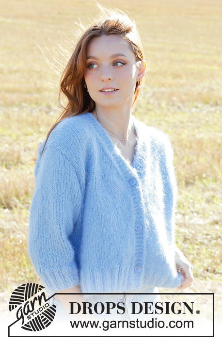 Painted Sky Cardigan / DROPS 250-38 - Knitted jacket in DROPS Melody. The piece is worked bottom up with stockinette stitch, V-neck, ¾-length sleeves and I-cord. Sizes S - XXXL.