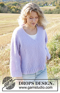 Spring Iris / DROPS 250-39 - Knitted jumper in DROPS Melody. Piece is knitted top down with European shoulder / diagonal shoulder, V-neck and I-Cord. Size XS – XXL.