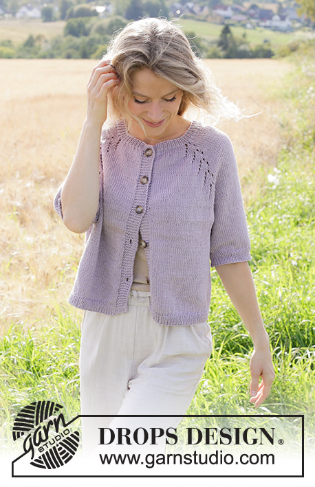 Orchid Tea Cardigan / DROPS 250-4 - Knitted jacket in DROPS Muskat. The piece is worked top down with raglan, lace pattern and short sleeves. Sizes S - XXXL.