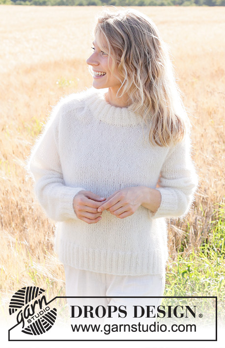 Moonrise Sweater / DROPS 250-8 - Knitted jumper in 3 strands DROPS Kid-Silk. The piece is worked bottom up with saddle shoulders, double neck and split in sides. Sizes XS - XXL.