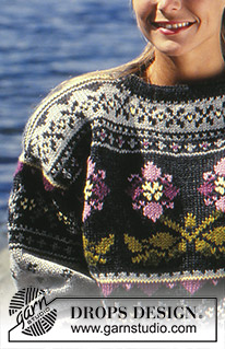 Night Violet / DROPS 27-5 - Sweter na drutach, z żakardem w kwiaty, z włóczki DROPS Alaska lub Karisma. Od S do L.