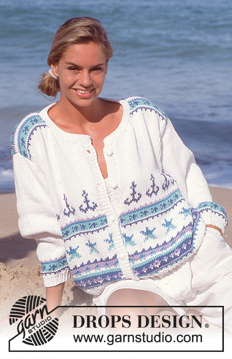 Sea Life Cardigan / DROPS 30-2 - Rozpinany sweter na drutach z marynistycznym żakardem, z włóczki DROPS Paris. Z wersji krótkiej lub długiej. Od S do L.