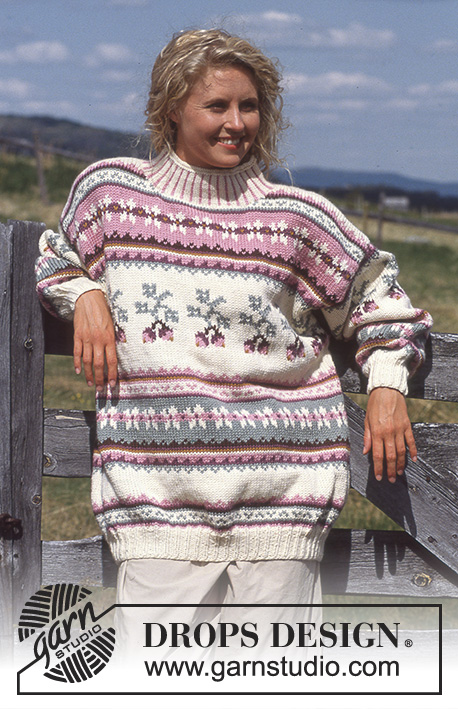 Snowberries / DROPS 31-20 - Sweter na drutach, z żakardem w jagody, z włóczki DROPS Alaska. W wersji krótkiej lub długiej. Od S do L.