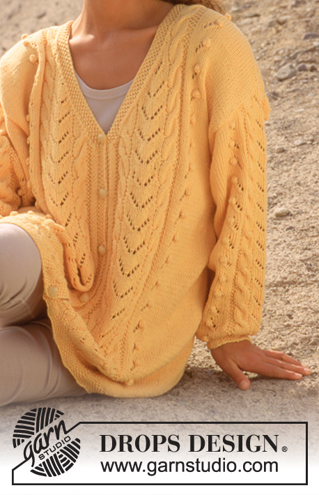 Summer Glow / DROPS 34-5 - DROPS Jacket with cables and bobbles in “Muskat” or “Safran”. Long or short version. Size S-L.
