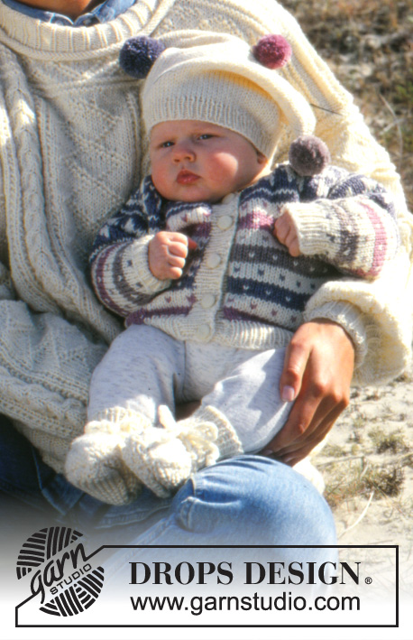 Tiny Jester / DROPS 36-16 - Gestrickte Jacke mit nordischem Fana Muster, Mütze mit Pompons und Socken in DROPS Karisma. Größe 3 Monate - 3 Jahre