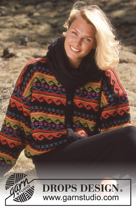 DROPS 36-9 - Rozpinany sweter na drutach z wielokolorowym żakardem, z włóczki DROPS Karisma Superwash. Od S do L
