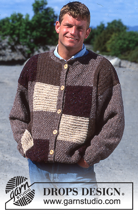DROPS 39-3 - Męski rozpinany sweter na drutach, pachwork, z włóczki DROPS Alaska-Tweed. Od S do L.