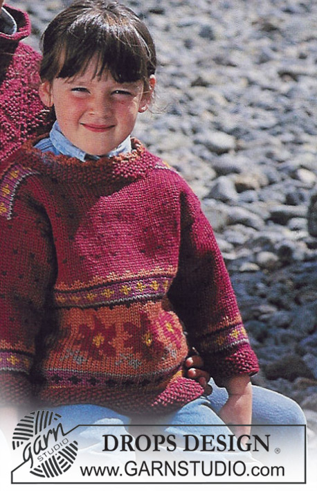 DROPS 40-16 - Sweter dziecięcy na drutach, z żakardem w kwiaty, z włóczki DROPS Alaska. Od 2 do 11/12 lat.