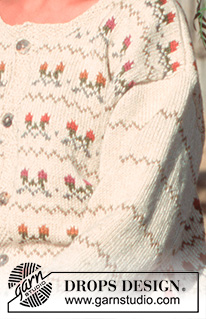 Buds of May / DROPS 42-1 - Rozpinany sweter na drutach, w pasy z żakardem, z włóczki DROPS Bomull-Lin. Od S do L.