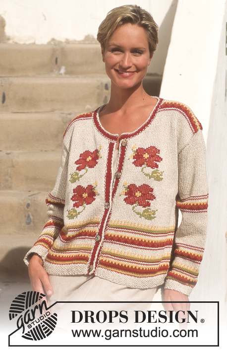 Mediterranean Rose / DROPS 46-11 - Rozpinany sweter na drutach, z włóczek DROPS Bomull-lin i Muskat, z żakardem w kwiaty. Od S do L.