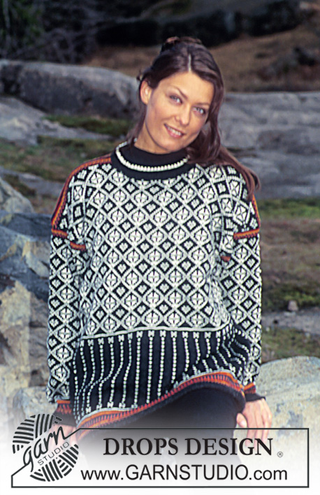 DROPS 47-15 - Sweter na drutach z geometrycznym żakardem i w paski, z włóczki DROPS Alpaca.