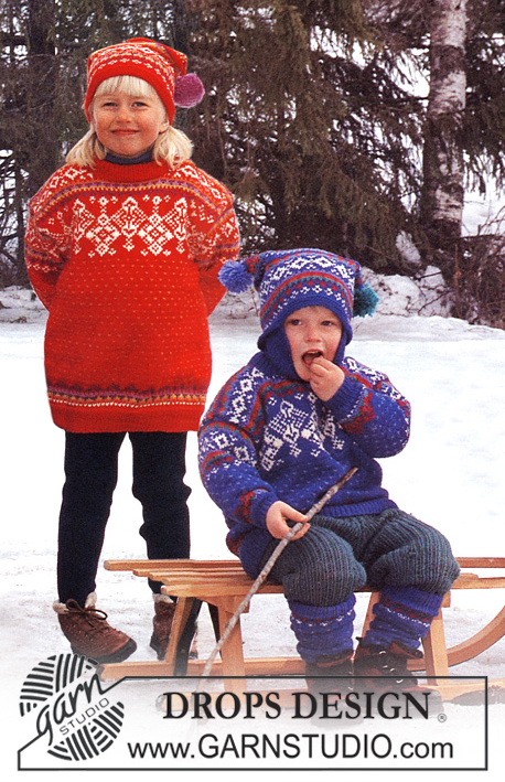 DROPS 47-2 - Dziecięcy komplet norweski na drutach: sweter, czapka i skarpetki z włóczki DROPS Karisma Superwash. Du 3/ 4 lat do 13/14 lat.