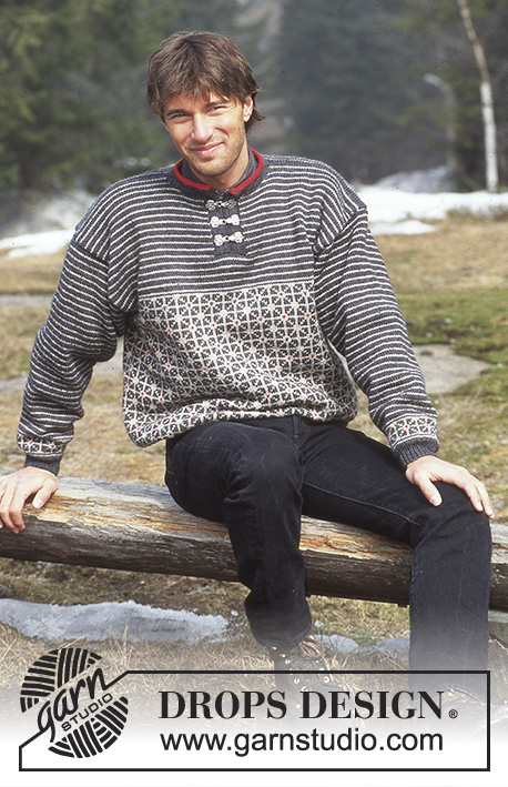 Leifur / DROPS 47-20 - Damski lub męski sweter na drutach, z geometrycznym żakardem i w paski, z włóczki DROPS Karisma Superwash. Od S do L.