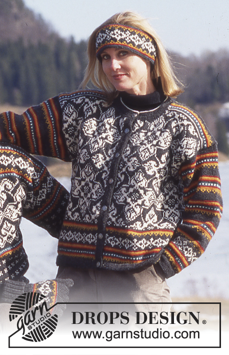 Hanna / DROPS 52-1 - Rozpinany sweter na drutach z włóczki DROPS Karisma Superwash, z żakardem w gwiazdy i kolorowymi brzegami, z opaską i skarpetkami do kompletu.