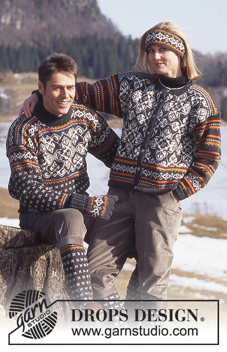 Hanna / DROPS 52-1 - Rozpinany sweter na drutach z włóczki DROPS Karisma Superwash, z żakardem w gwiazdy i kolorowymi brzegami, z opaską i skarpetkami do kompletu.