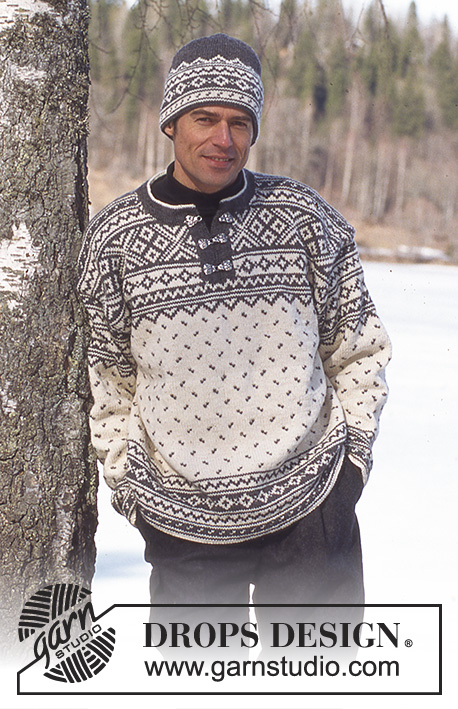 DROPS 52-19 - Damski lub męski sweter na drutach, z żakardem, z włóczki DROPS Karisma Superwash, z czapką i skarpetkami z żakardem w komplecie.