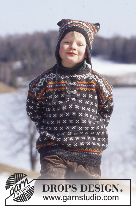 Linus / DROPS 52-3 - Dziecięcy sweter na drutach z żakardem z włóczki DROPS Karisma Superwash, z czapką i skarpetkami w komplecie.