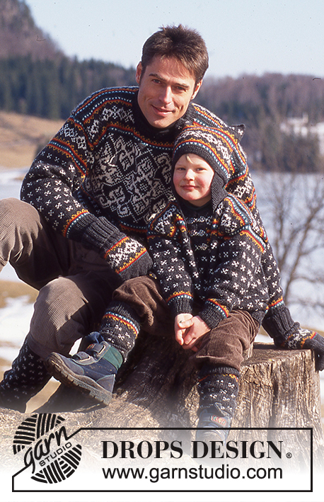 Linus / DROPS 52-3 - DROPS tröja till barn, mössa och sockor i Karisma med nordisk färgstarka bårder.